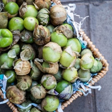 Green Tomatillos on a basket at Panzer's