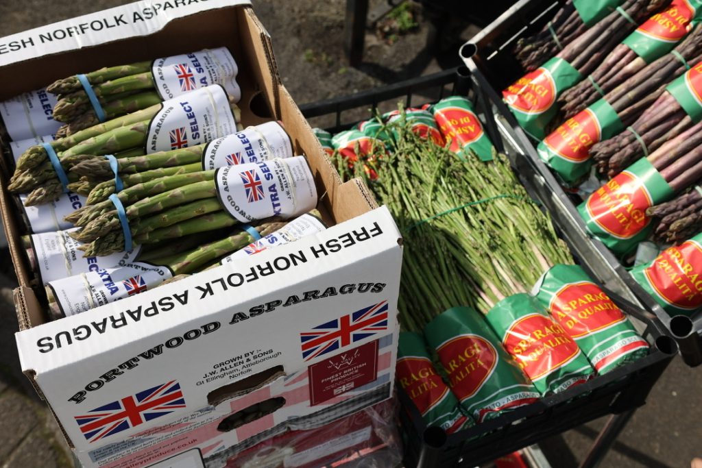 A trolley with different boxes of asparagus. English green, skinny wild asparagus and purple asparagus leaning on the side, piled up in the sunlight